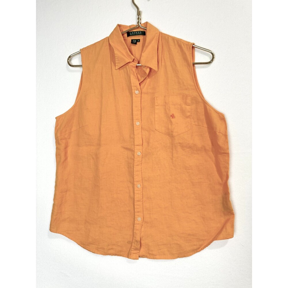 Lauren Ralph Womens Linen Sleeveless Button Up Blouse Shirt Light Orange Size M